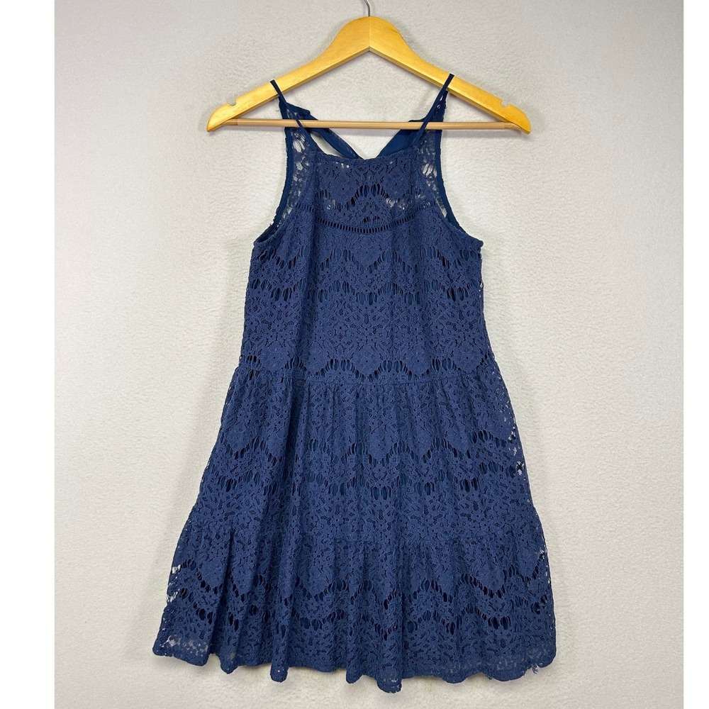 Feminine Romantic Speechless Women XS Navy Blue Lace Tiered Tie‎ Back Mini Dress